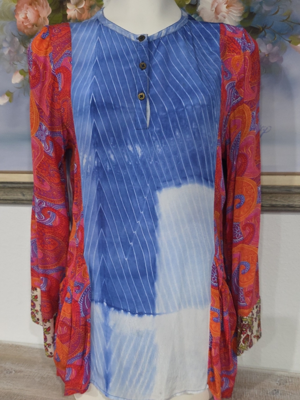 BENARES Desined By Akshay Blue & Red Mixed-Print Women’s Tunic Top